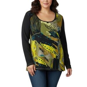 Parsley & Sage Artsy Cotton Round Neckline Long Sleeve Top 3X Black Green